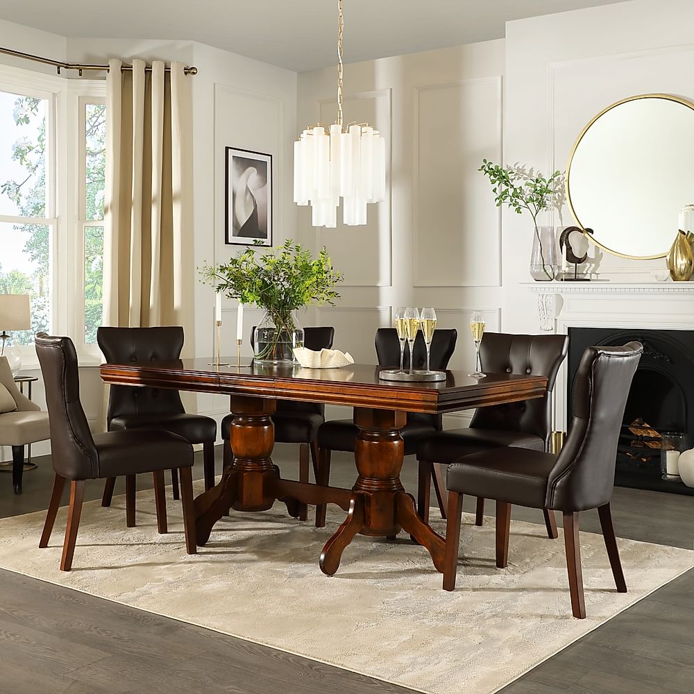 Chatsworth Extending Dining Table & 6 Bewley Chairs, Dark Solid Hardwood, Brown Classic Faux Leather, 150-180cm