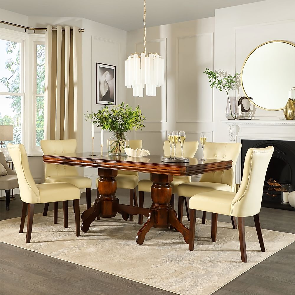 Chatsworth Extending Dining Table & 6 Bewley Chairs, Dark Solid Hardwood, Ivory Classic Faux Leather, 150-180cm