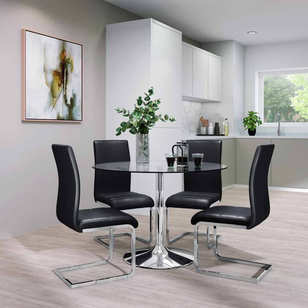 Orbit Round Chrome And Glass Dining, Round Glass Dining Table With Leather Chairs Uk