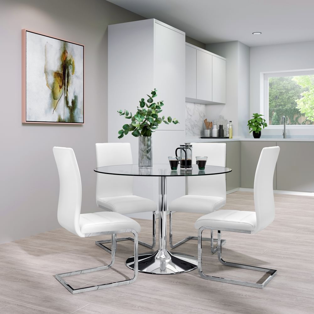 Orbit Round Chrome And Glass Dining, Glass Dining Table With Leather Chairs