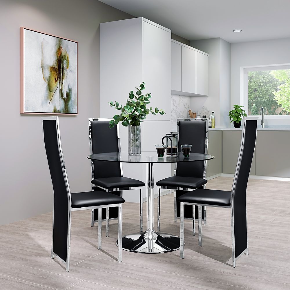 Orbit Round Dining Table & 4 Celeste Chairs, Glass & Chrome, Black Classic Faux Leather, 110cm