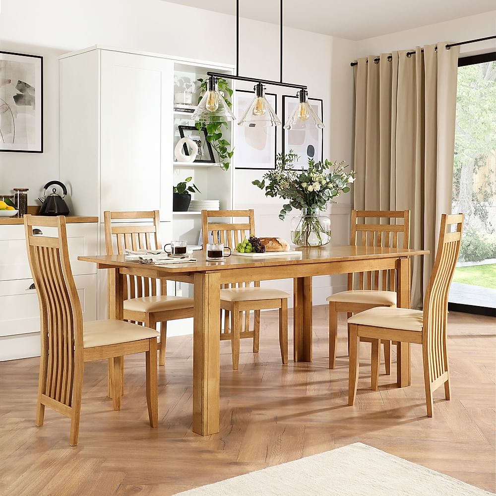 Bali Extending Dining Table & 4 Bali Chairs, Natural Oak Finished Solid Hardwood, Ivory Classic Faux Leather, 150-180cm