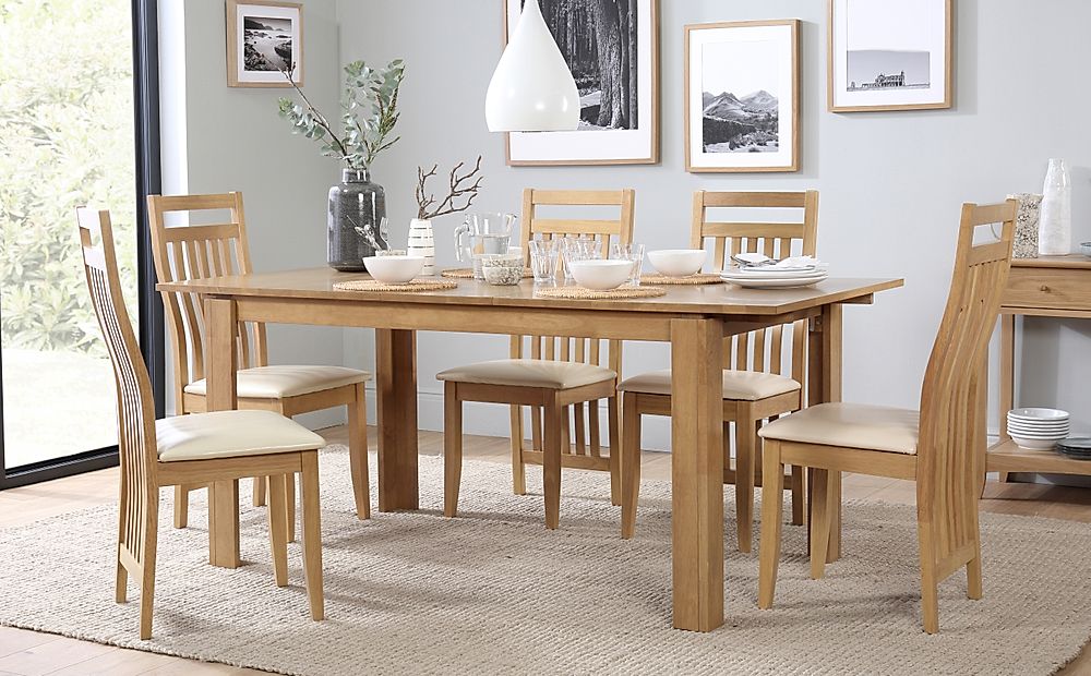 Bali Extending Dining Table & 6 Bali Chairs, Natural Oak Finished Solid Hardwood, Ivory Classic Faux Leather, 150-180cm