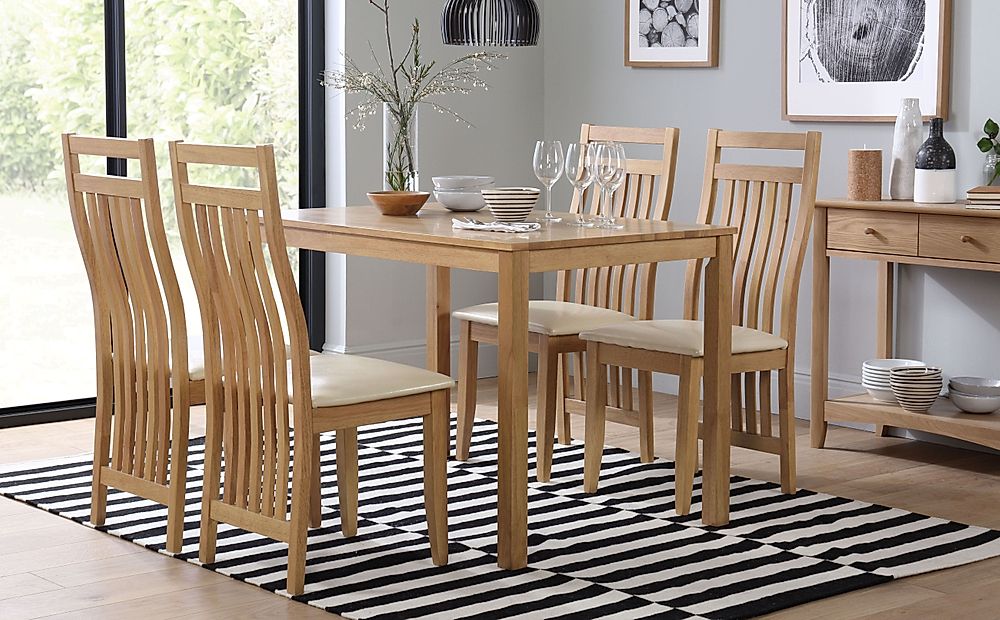 Milton Dining Table & 4 Bali Chairs, Natural Oak Finished Solid Hardwood, Ivory Classic Faux Leather, 120cm