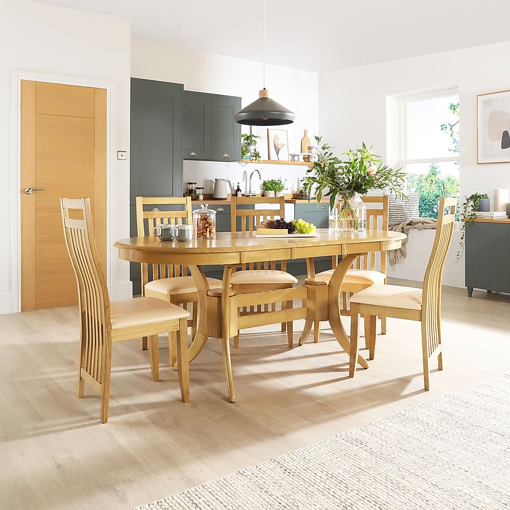 Townhouse Oval Extending Dining Table & 4 Bali Chairs, Natural Oak Finished Solid Hardwood, Ivory Classic Faux Leather, 150-180cm