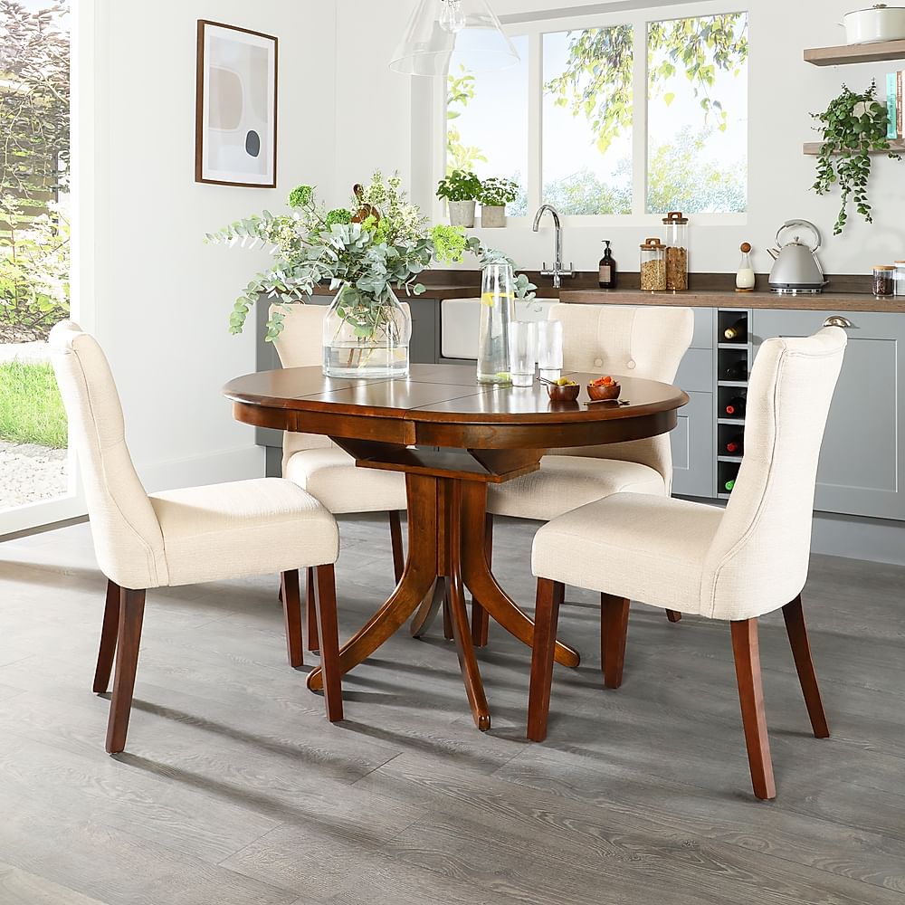 Hudson Round Extending Dining Table & 4 Bewley Chairs, Dark Solid Hardwood, Oatmeal Classic Linen-Weave Fabric, 90-120cm