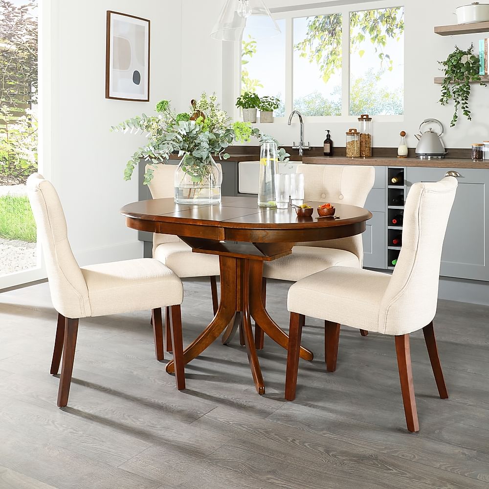 Hudson Round Extending Dining Table & 6 Bewley Chairs, Dark Solid Hardwood, Oatmeal Classic Linen-Weave Fabric, 90-120cm
