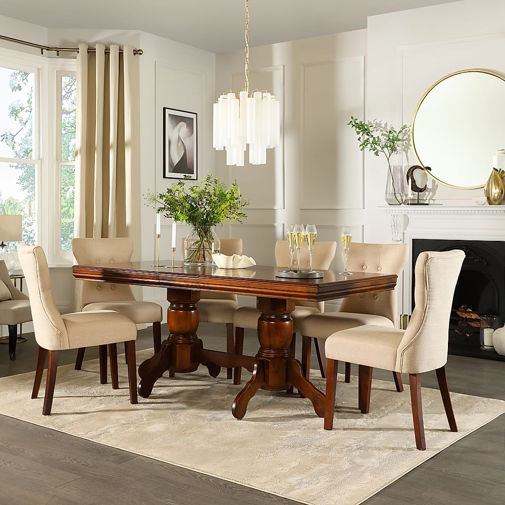 Chatsworth Extending Dining Table & 6 Bewley Chairs, Dark Solid Hardwood, Oatmeal Classic Linen-Weave Fabric, 150-180cm