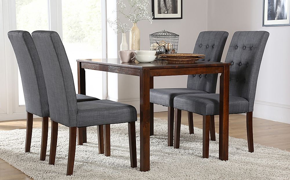 Milton Dining Table & 6 Regent Chairs, Dark Solid Hardwood, Slate Grey Classic Linen-Weave Fabric, 120cm