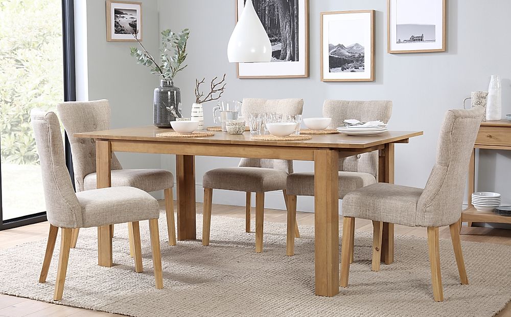 Bali Extending Dining Table & 4 Bewley Chairs, Natural Oak Finished Solid Hardwood, Oatmeal Classic Linen-Weave Fabric, 150-180cm
