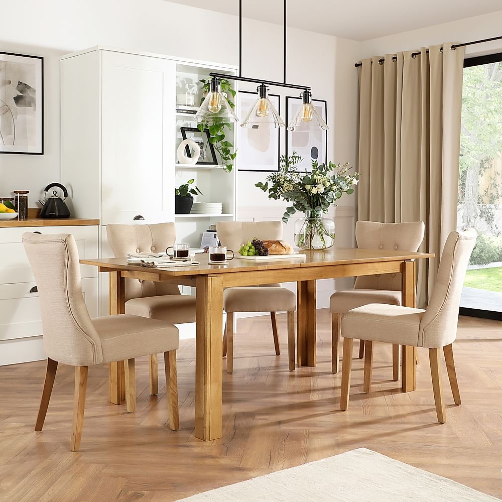 Bali Extending Dining Table & 6 Bewley Chairs, Natural Oak Finished Solid Hardwood, Oatmeal Classic Linen-Weave Fabric, 150-180cm