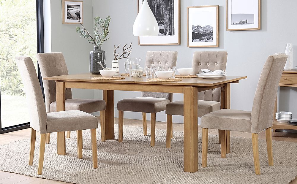 Bali Extending Dining Table & 4 Regent Chairs, Natural Oak Finished Solid Hardwood, Oatmeal Classic Linen-Weave Fabric, 150-180cm