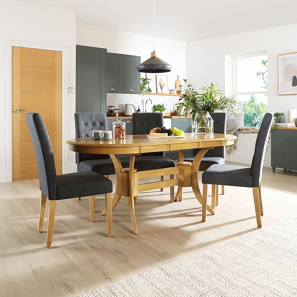 Townhouse Oval Extending Dining Table & 6 Regent Chairs, Natural Oak Finished Solid Hardwood, Slate Grey Classic Linen-Weave Fabric, 150-180cm