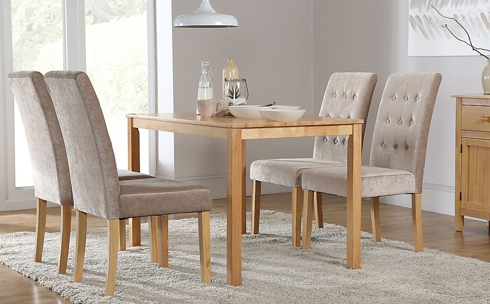 Milton Dining Table & 4 Regent Chairs, Natural Oak Finished Solid Hardwood, Oatmeal Classic Linen-Weave Fabric, 120cm