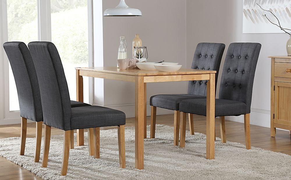 Milton Dining Table & 4 Regent Chairs, Natural Oak Finished Solid Hardwood, Slate Grey Classic Linen-Weave Fabric, 120cm