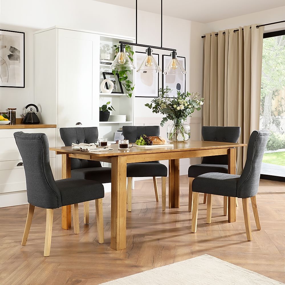 Bali Extending Dining Table & 4 Bewley Chairs, Natural Oak Finished Solid Hardwood, Slate Grey Classic Linen-Weave Fabric, 150-180cm