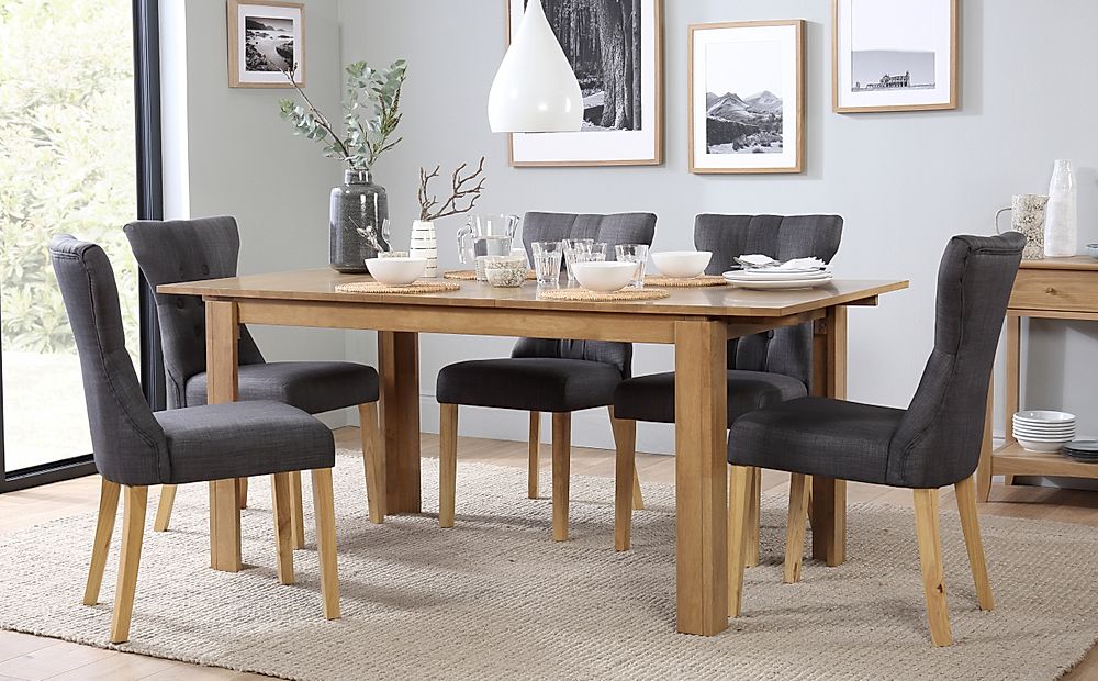 Bali Extending Dining Table & 6 Bewley Chairs, Natural Oak Finished Solid Hardwood, Slate Grey Classic Linen-Weave Fabric, 150-180cm