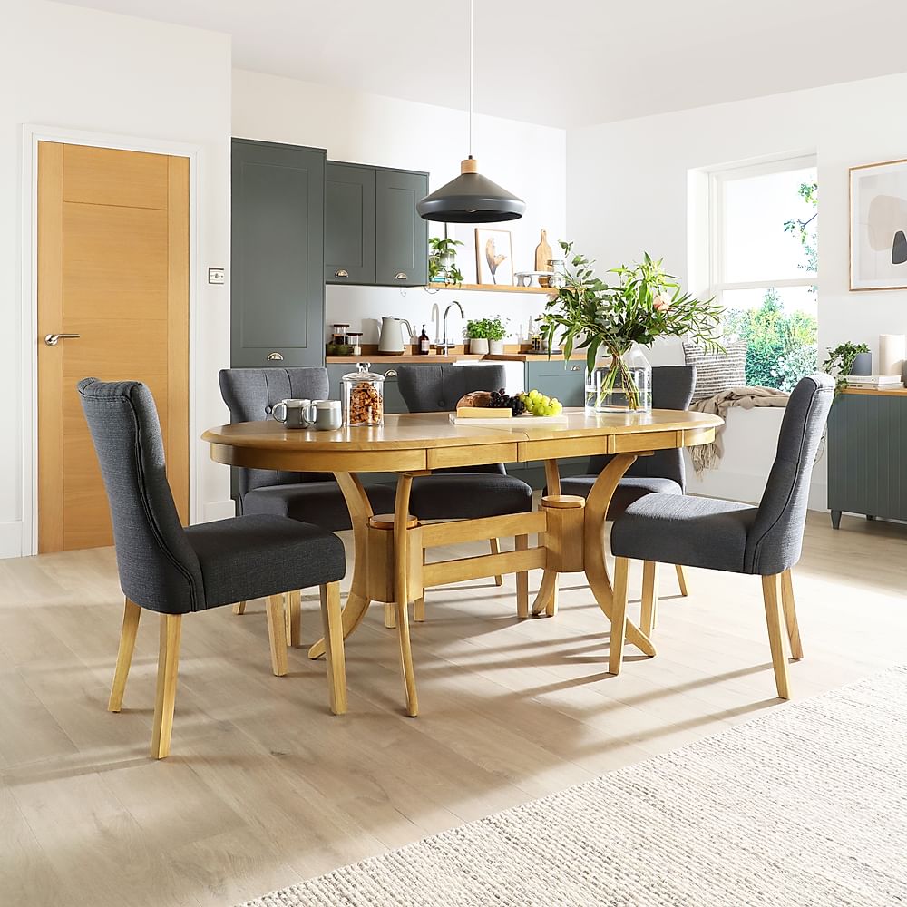 Townhouse Oval Extending Dining Table & 4 Bewley Chairs, Natural Oak Finished Solid Hardwood, Slate Grey Classic Linen-Weave Fabric, 150-180cm