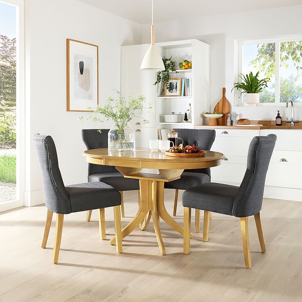 Hudson Round Extending Dining Table & 4 Bewley Chairs, Natural Oak Finished Solid Hardwood, Slate Grey Classic Linen-Weave Fabric, 90-120cm