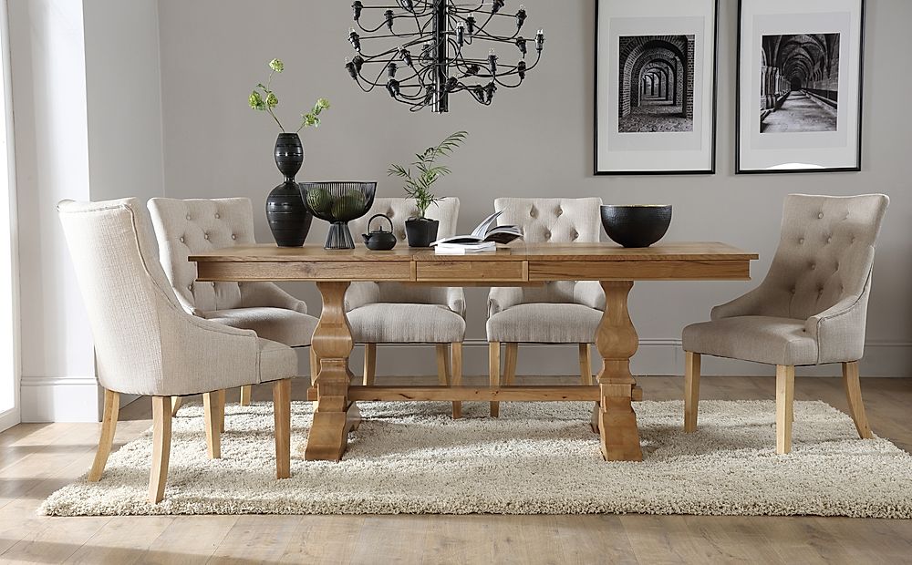 Cavendish Extending Dining Table & 4 Duke Chairs, Natural Oak Veneer & Solid Hardwood, Oatmeal Classic Linen-Weave Fabric & Natural Oak Finished Solid Hardwood, 160-200cm
