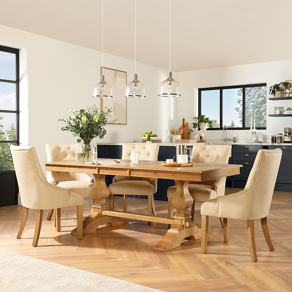 Cavendish Extending Dining Table & 4 Duke Chairs, Natural Oak Veneer & Solid Hardwood, Oatmeal Classic Linen-Weave Fabric & Natural Oak Finished Solid Hardwood, 160-200cm