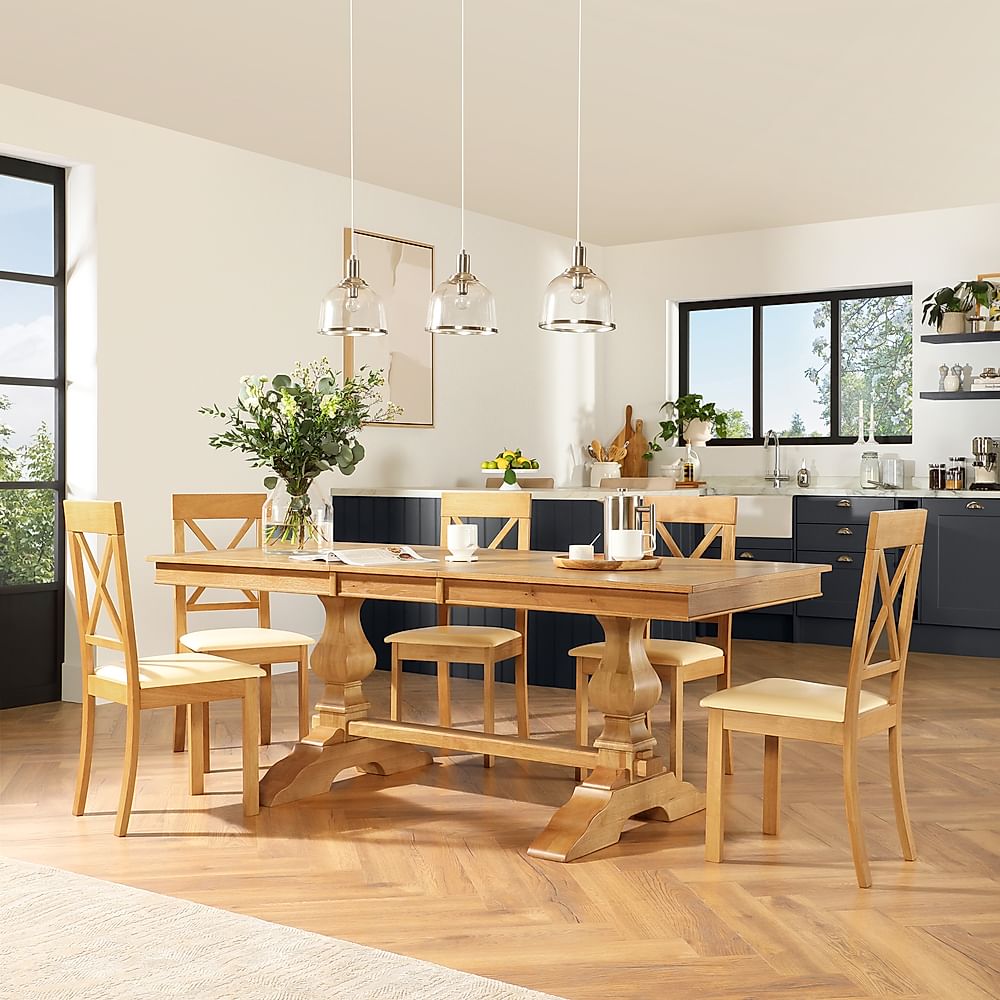 Cavendish Extending Dining Table & 6 Kendal Chairs, Natural Oak Veneer & Solid Hardwood, Ivory Classic Faux Leather & Natural Oak Finished Solid Hardwood, 160-200cm