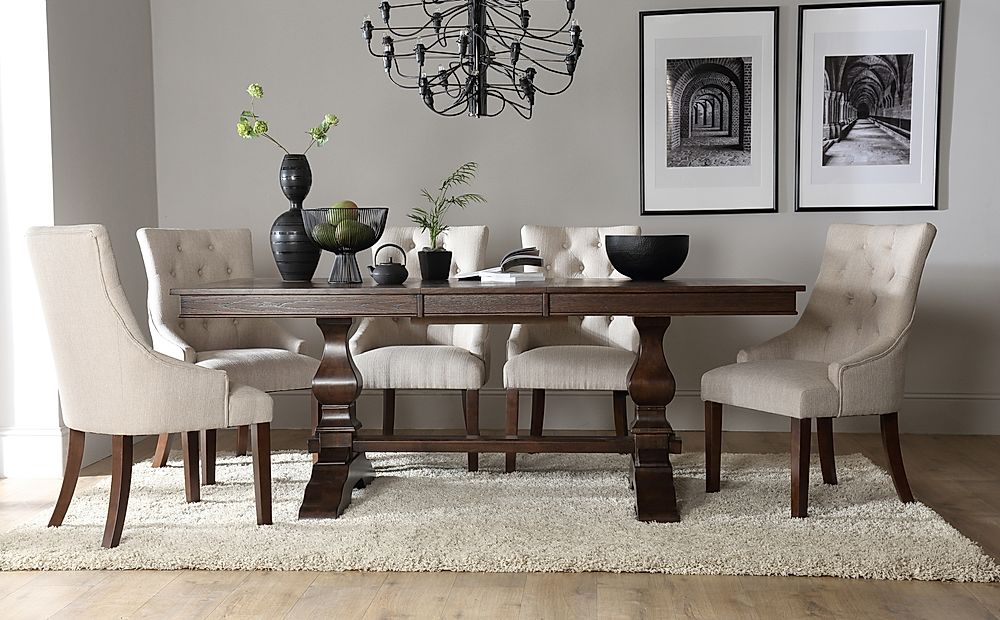 Cavendish Extending Dining Table & 4 Duke Chairs, Dark Oak Veneer & Solid Hardwood, Oatmeal Classic Linen-Weave Fabric & Dark Solid Hardwood, 160-200cm