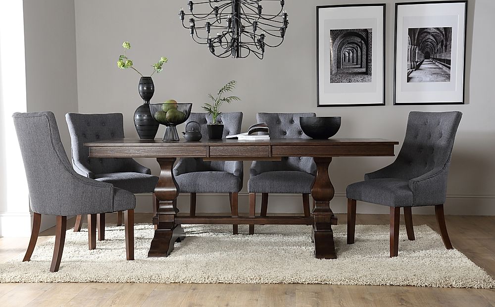 Cavendish Extending Dining Table & 6 Duke Chairs, Dark Oak Veneer & Solid Hardwood, Slate Grey Classic Linen-Weave Fabric & Dark Solid Hardwood, 160-200cm