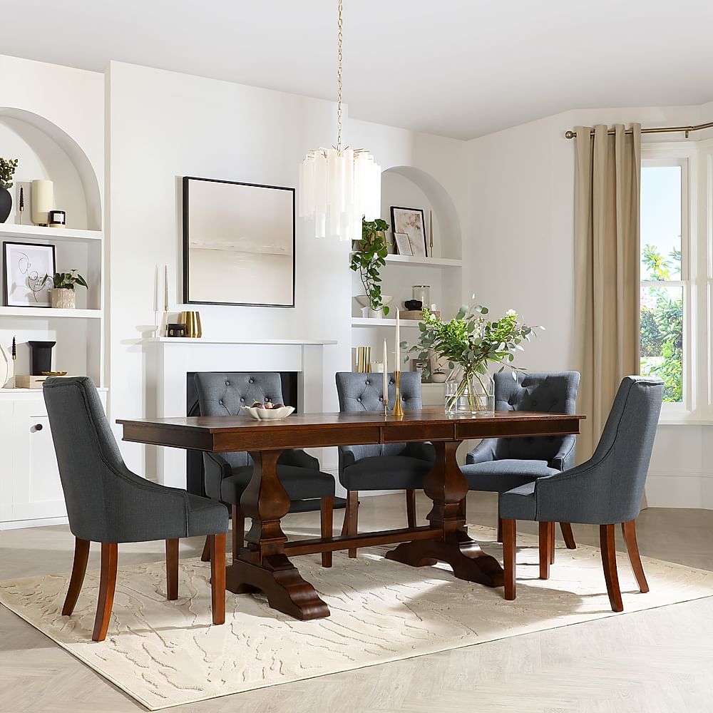 Cavendish Extending Dining Table & 6 Duke Chairs, Dark Oak Veneer & Solid Hardwood, Slate Grey Classic Linen-Weave Fabric & Dark Solid Hardwood, 160-200cm