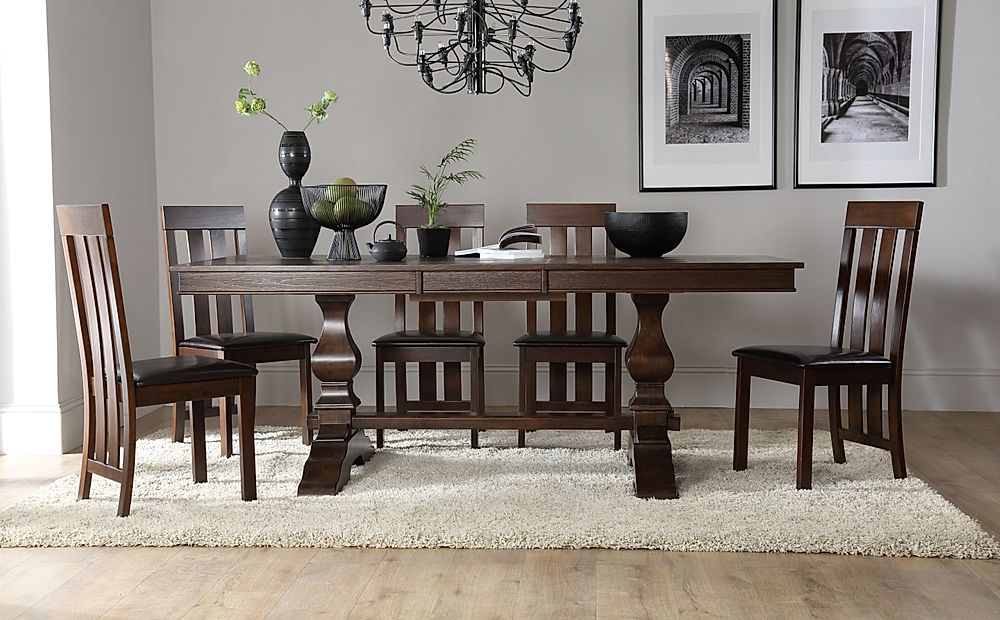 Cavendish Extending Dining Table & 4 Chester Chairs, Dark Oak Veneer & Solid Hardwood, Brown Classic Faux Leather & Dark Solid Hardwood, 160-200cm