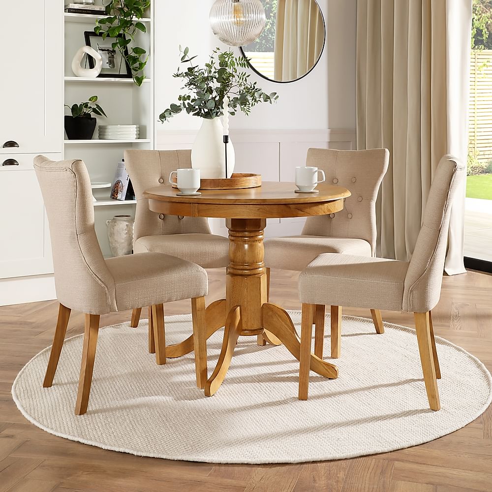 Kingston Round Dining Table & 4 Bewley Chairs, Natural Oak Finished Solid Hardwood, Oatmeal Classic Linen-Weave Fabric, 90cm