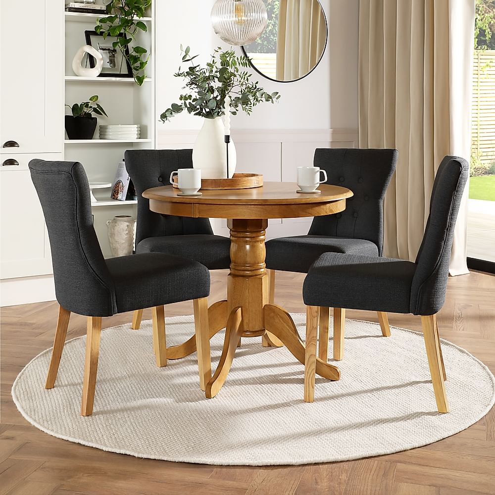 Kingston Round Dining Table & 4 Bewley Chairs, Natural Oak Finished Solid Hardwood, Slate Grey Classic Linen-Weave Fabric, 90cm