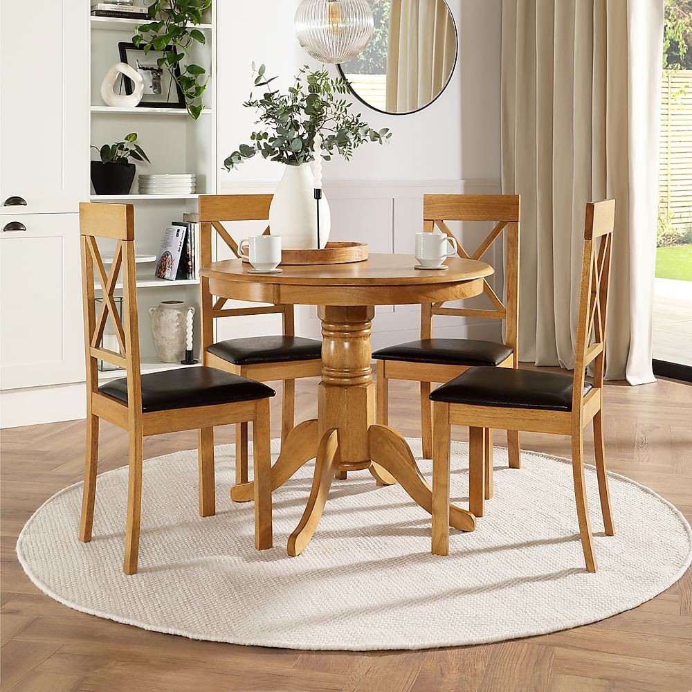 Kingston Round Dining Table & 4 Kendal Chairs, Natural Oak Finished Solid Hardwood, Brown Classic Faux Leather, 90cm