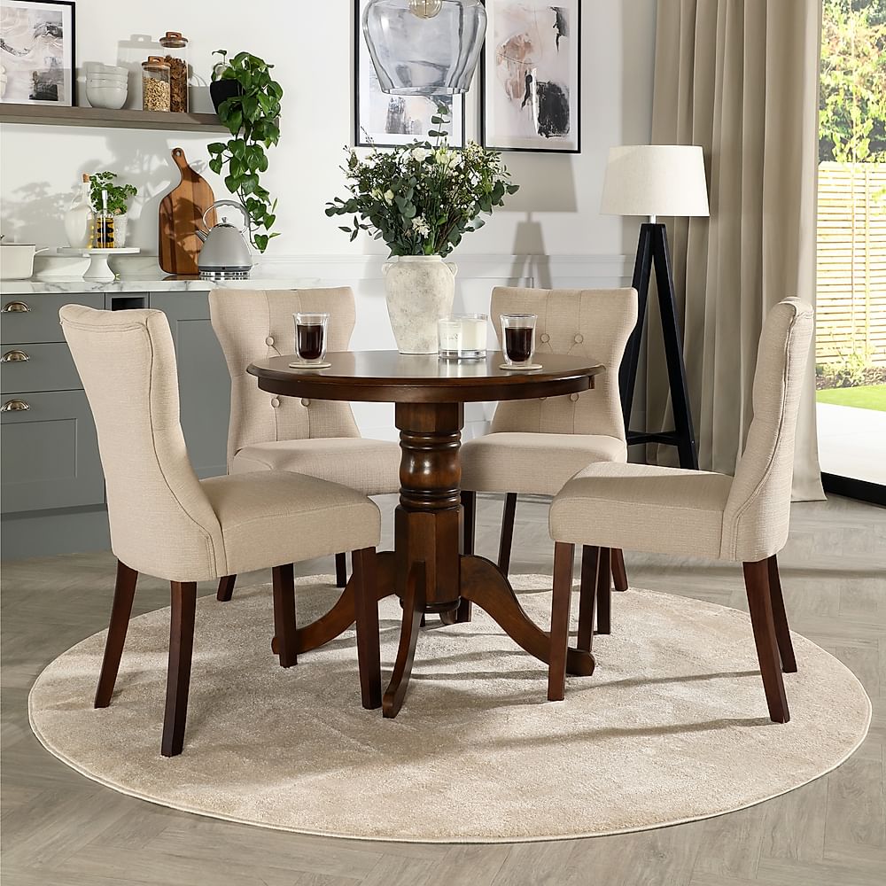 Kingston Round Dining Table & 4 Bewley Chairs, Dark Solid Hardwood, Oatmeal Classic Linen-Weave Fabric, 90cm