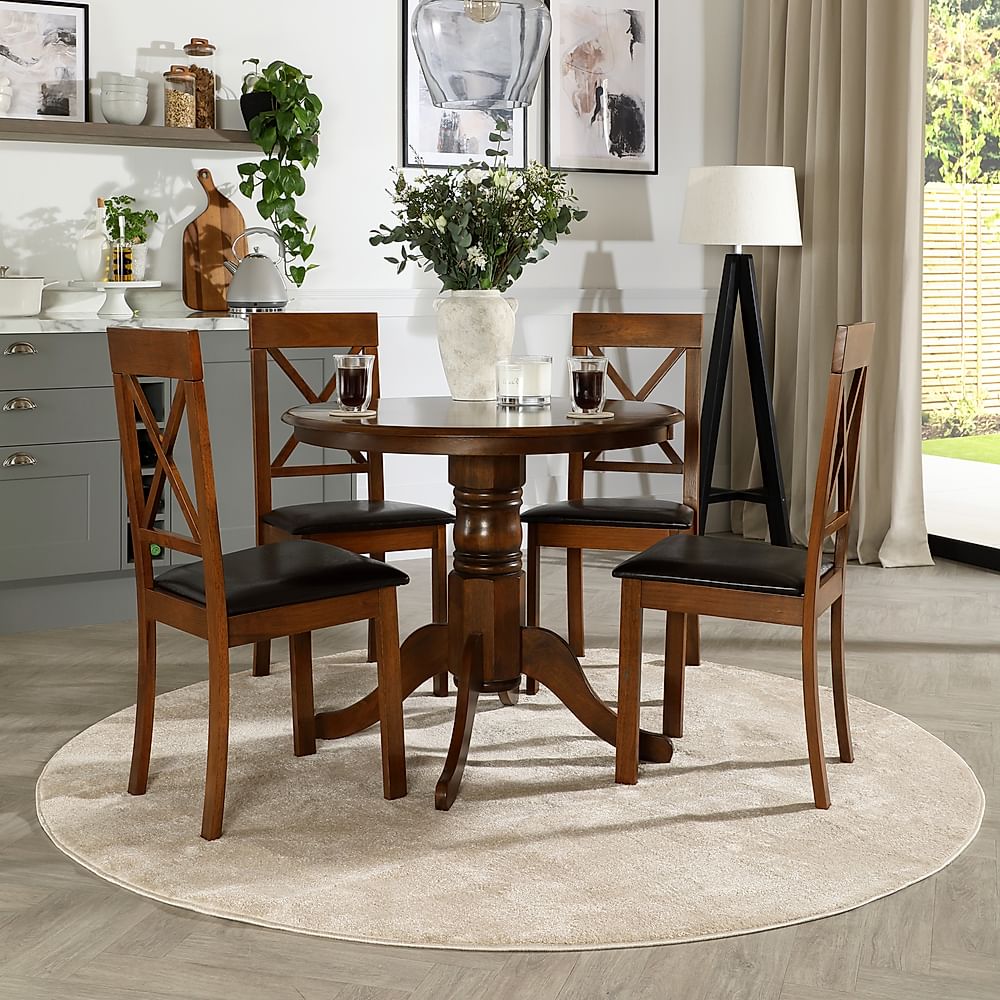 Kingston Round Dining Table & 4 Kendal Chairs, Dark Solid Hardwood, Brown Classic Faux Leather, 90cm