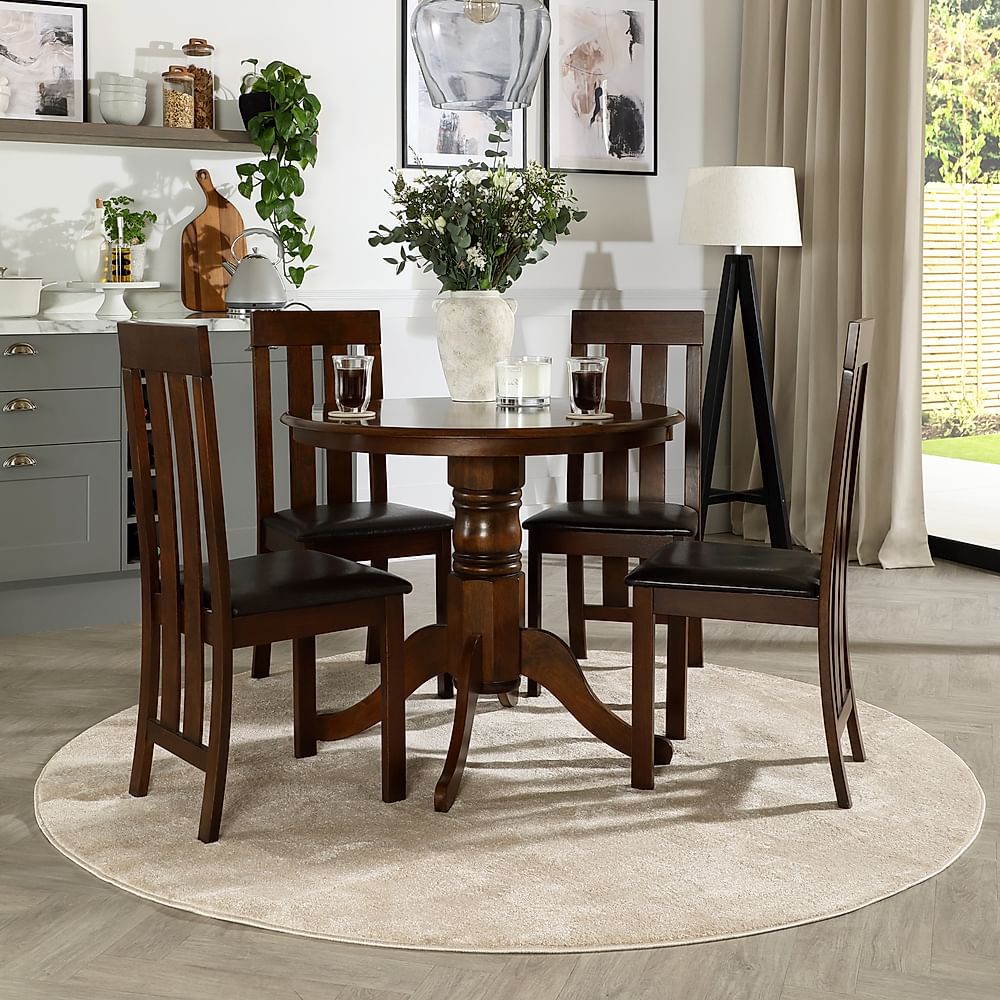 Kingston Round Dining Table & 4 Chester Chairs, Dark Solid Hardwood, Brown Classic Faux Leather, 90cm