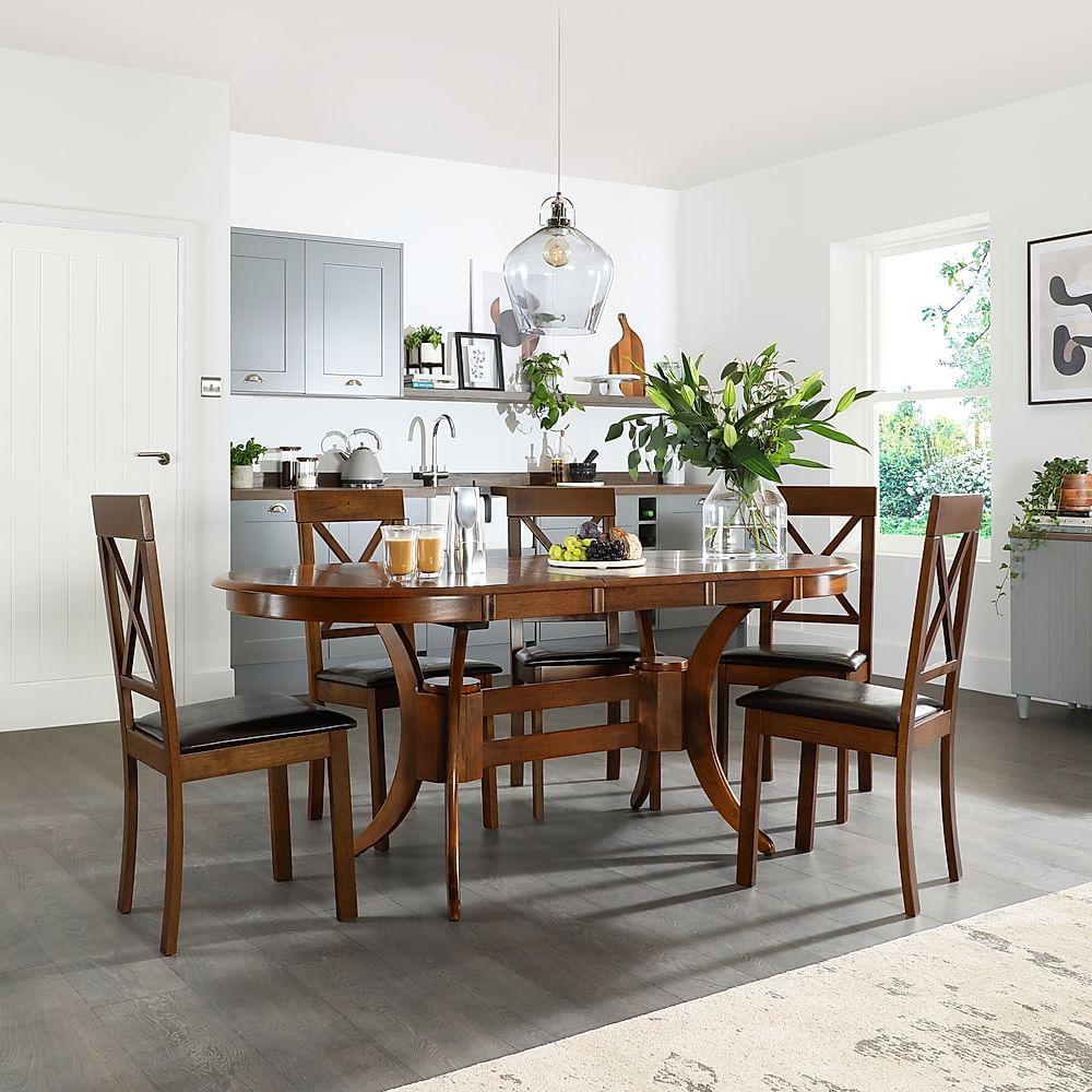 Townhouse Oval Extending Dining Table & 4 Kendal Chairs, Dark Solid Hardwood, Brown Classic Faux Leather, 150-180cm
