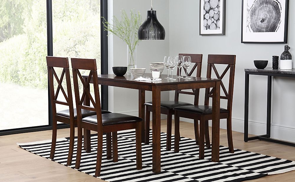 Milton Dining Table & 6 Kendal Chairs, Dark Solid Hardwood, Brown Classic Faux Leather, 120cm