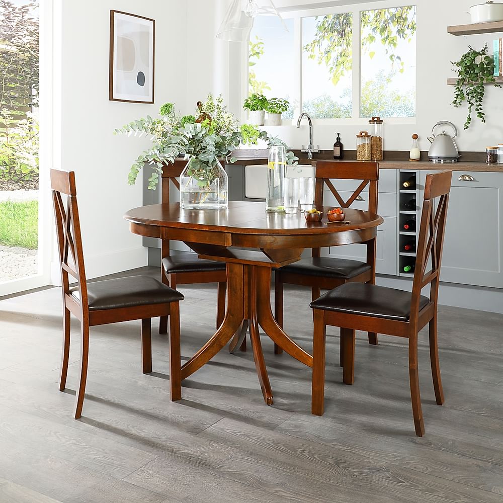 Hudson Round Extending Dining Table & 4 Kendal Chairs, Dark Solid Hardwood, Brown Classic Faux Leather, 90-120cm