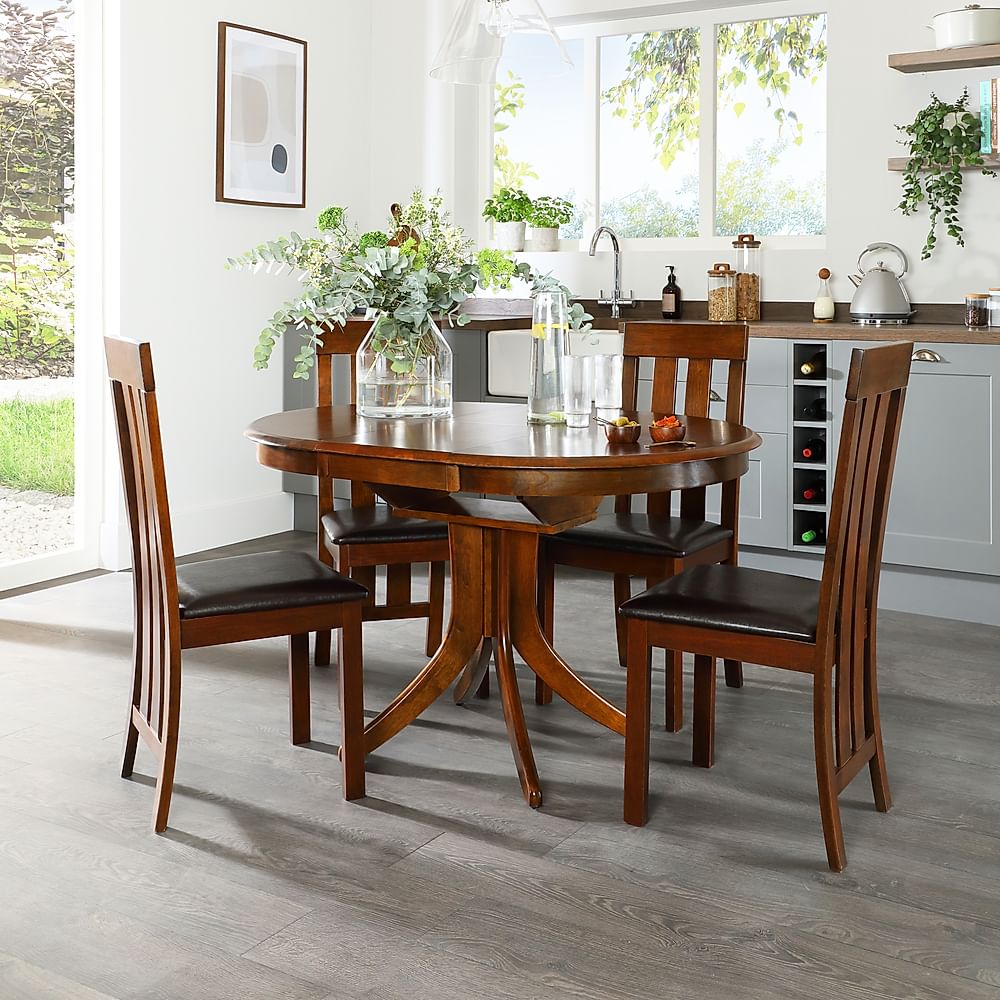 Hudson Round Extending Dining Table & 4 Chester Chairs, Dark Solid Hardwood, Brown Classic Faux Leather, 90-120cm