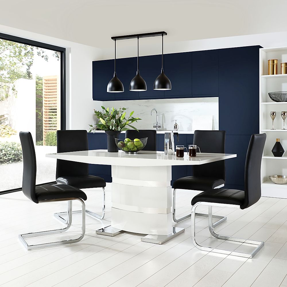 Komoro Dining Table & 4 Perth Chairs, White High Gloss & Chrome, Black Classic Faux Leather, 160cm