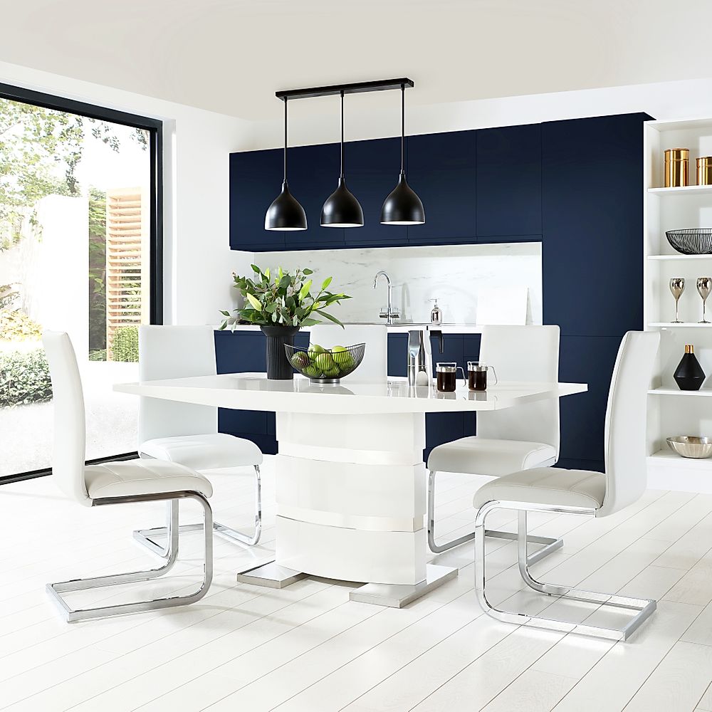 Komoro Dining Table & 4 Perth Chairs, White High Gloss & Chrome, White Classic Faux Leather, 160cm
