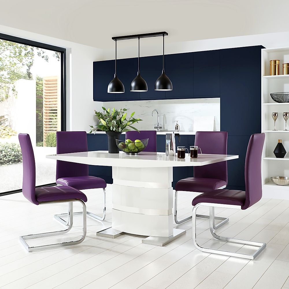 Komoro White High Gloss Dining Table, Purple Leather Dining Chairs