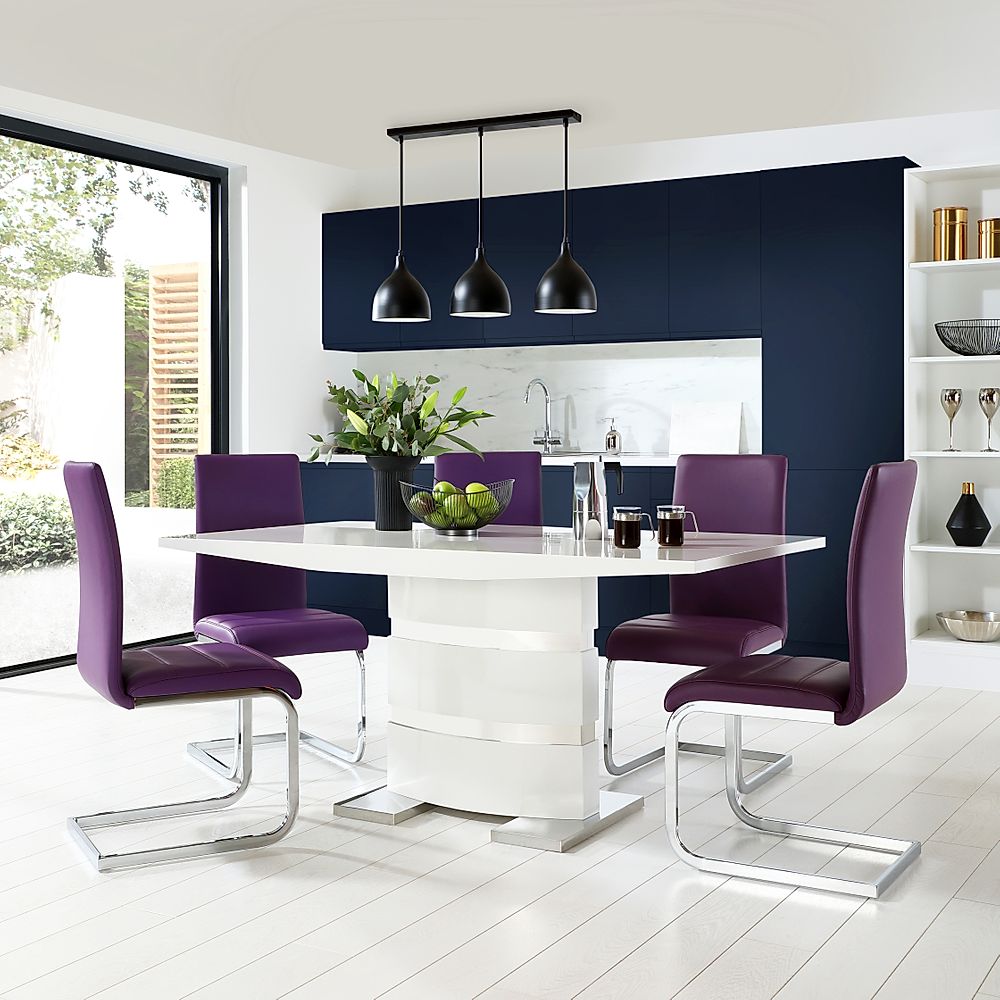 Komoro Dining Table & 4 Perth Chairs, White High Gloss & Chrome, Purple Classic Faux Leather, 160cm