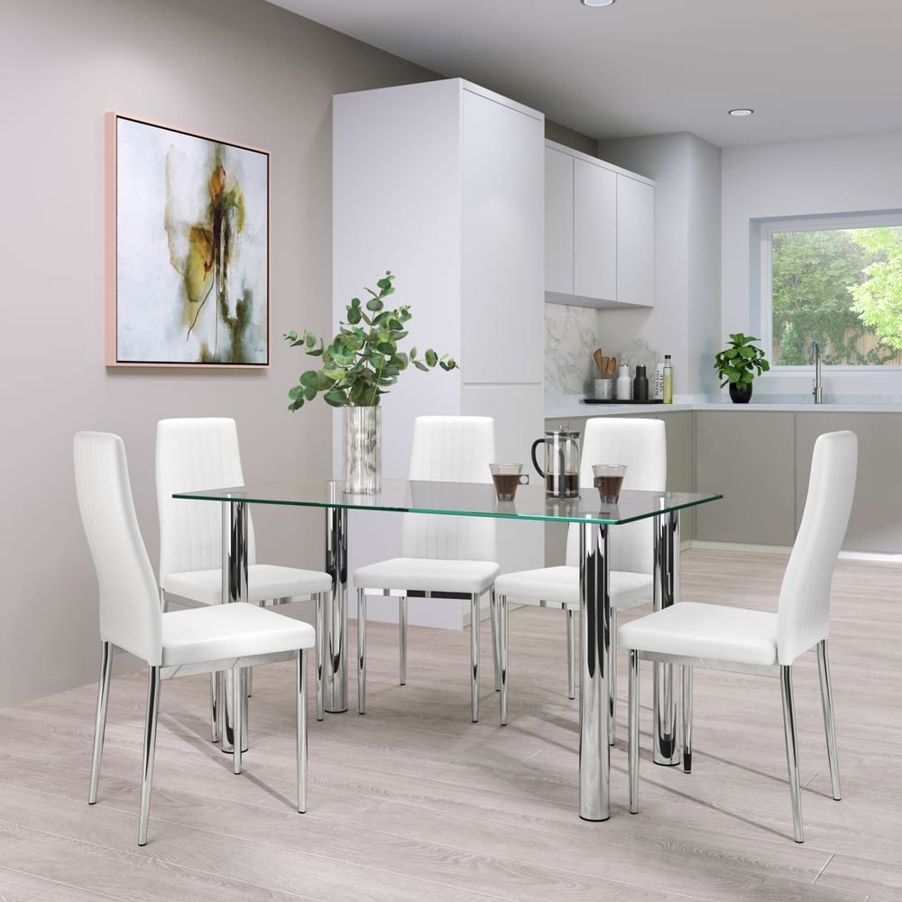 Lunar Chrome And Glass Dining Table, White Leather Dining Room Chairs