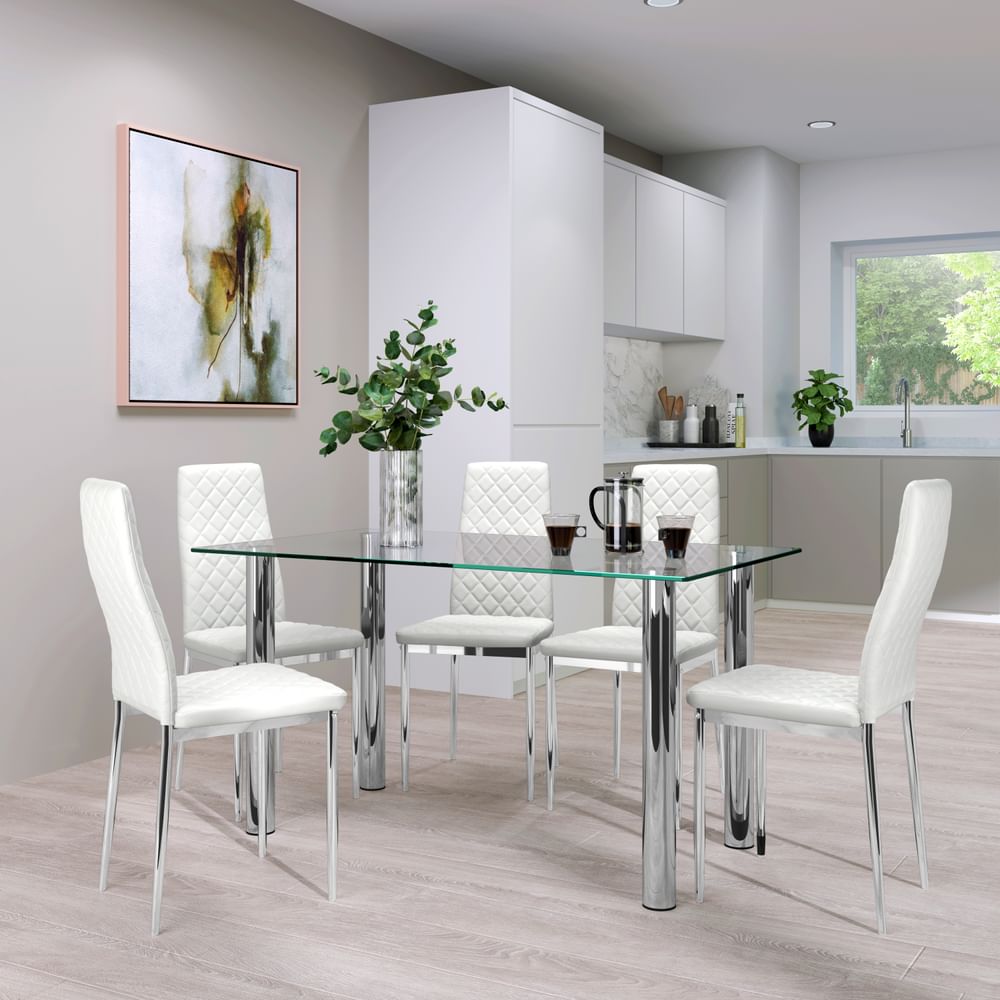Lunar Dining Table & 6 Renzo Chairs, Glass & Chrome, White Classic Faux Leather, 140cm