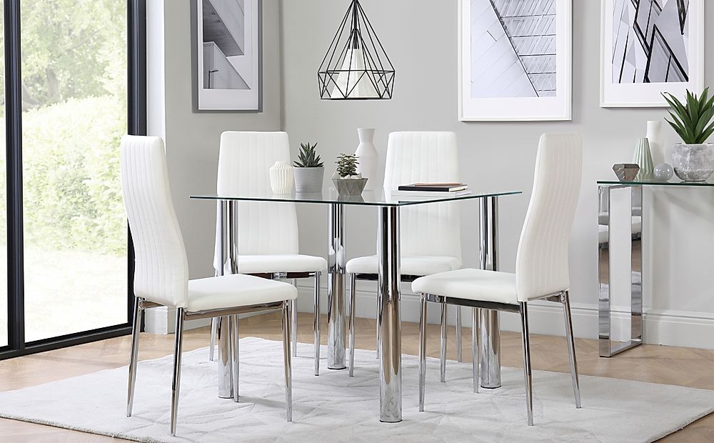 Nova Square Dining Table & 4 Leon Chairs, Glass & Chrome, White Classic Faux Leather, 90cm