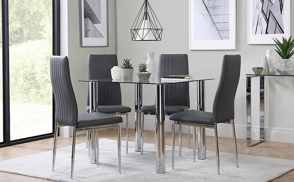 Nova Square Dining Table & 4 Leon Chairs, Glass & Chrome, Grey Classic Faux Leather, 90cm