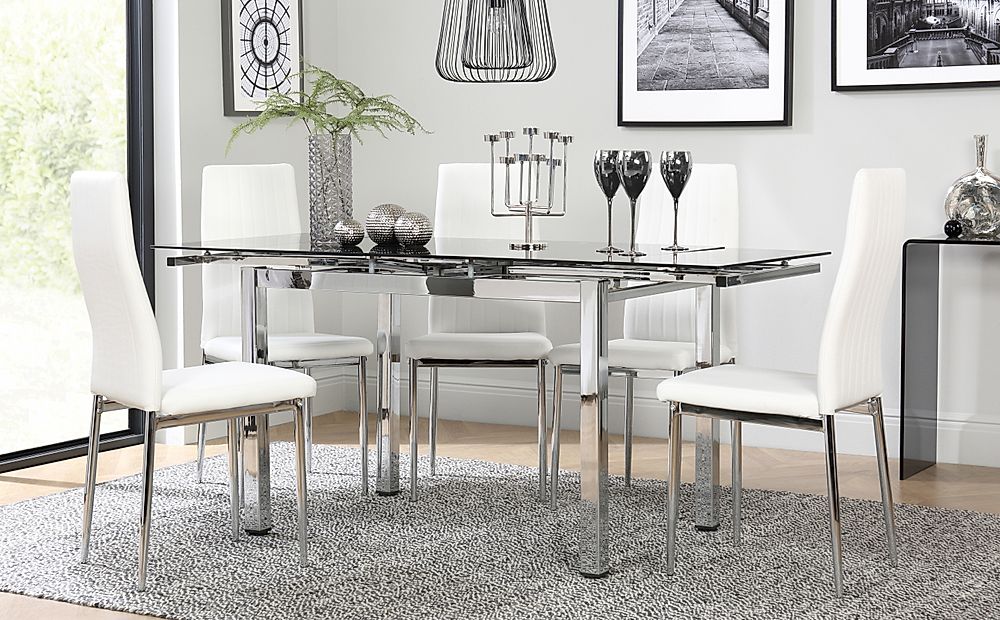 Black Glass Extending Dining Table, Glass Dining Room Table With White Leather Chairs