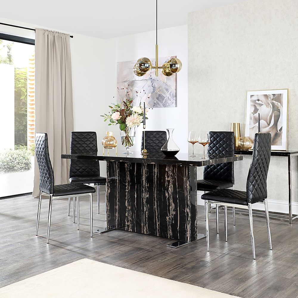 magnus black marble dining table with 6 renzo black leather chairs   furniture and choice